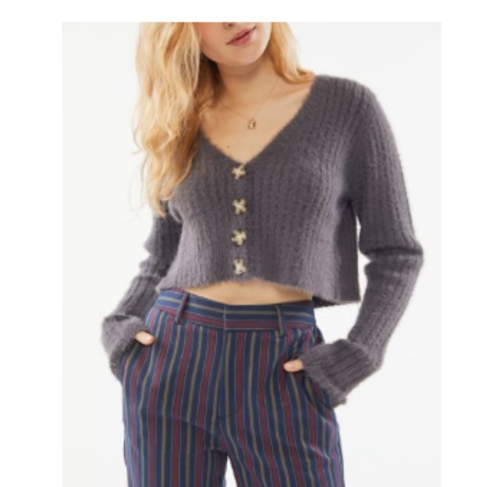 Urban Outfitters Rochelle Fuzzy Cropped Cardigan- Charcoal